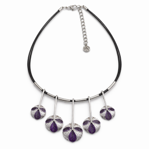 Collier Ikita à pendentifs feuilles argenté & violet pailleté - bijou unique