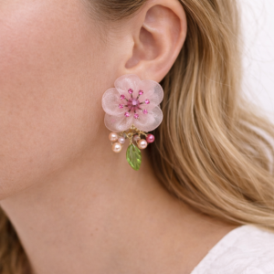 Boucles d’oreilles Ikita fleurs roses perles et textile - bijou unique