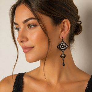 Boucles d’oreilles pendantes IKITA noir & strass - bijou unique
