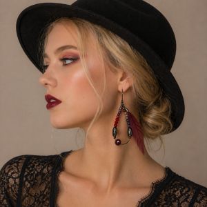 Boucles d’oreilles IKITA plumes bordeaux - bijou unique