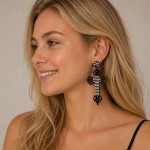 Boucles croix strass noir intense - bijou unique