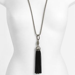Collier long argenté pompon noir - bijou unique