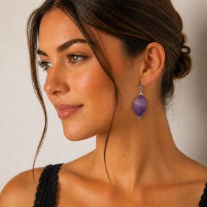 Boucles pendantes ovales violet nacré - bijou unique