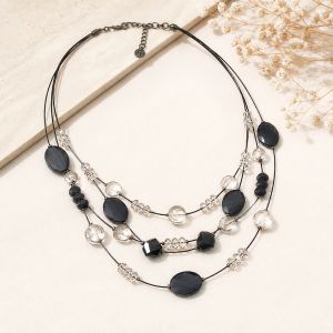 Collier multi-rangs noir & perles translucides - bijou unique